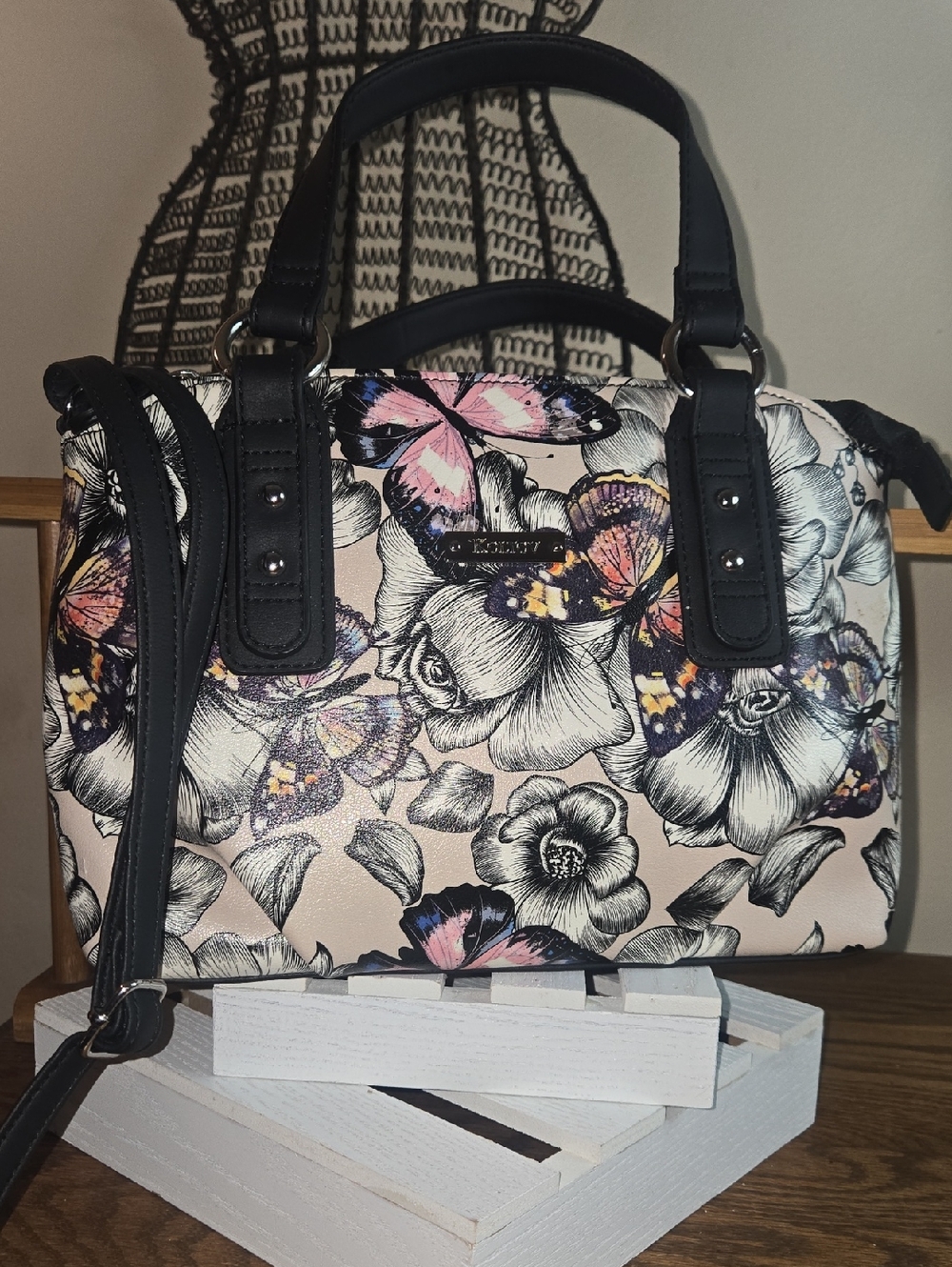 Floral Butterfly Satchel Handbag - Pink, Black